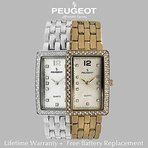 Peugeot Women's Tank Shape 14K Gold Plated Wrist Watch With Analog Link Bracelet With Crystal Bezel #TOP3