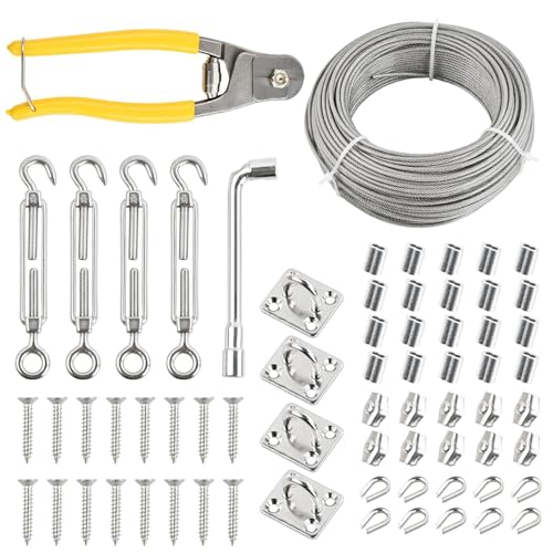 Image of 50m Stainless Steel Wire 3mm, 67 Pcs Kit Picture Wire 7x7 with 20 Sleeves, 10 Clips, 10 Thimble, 4 Tensioners, 4 Hooks, 16 Screws, 1 Wrench, 1 Swager, Metal Fence Garden wire for Climbing Plants