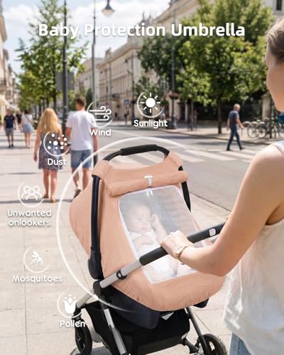 Image of Rquite Car Seat Cover Baby Girl Boy, 100% Muslin Cotton Carseat Covers, Breathable Infant Windproof Canopy with Mesh Window, Stroller Sun Shade for Summer & Hot Day, Dusty Rose