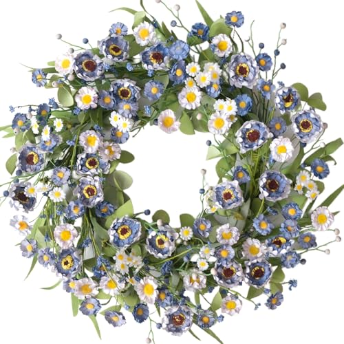 CIR OASES Blue White Daisy Spring Wreath for Front Door, 22 Inch Spring Summer Floral Wreath with Eucalyptus Leaves for Wall Window Festival Indoor Outdoor Seasonal Home Decor