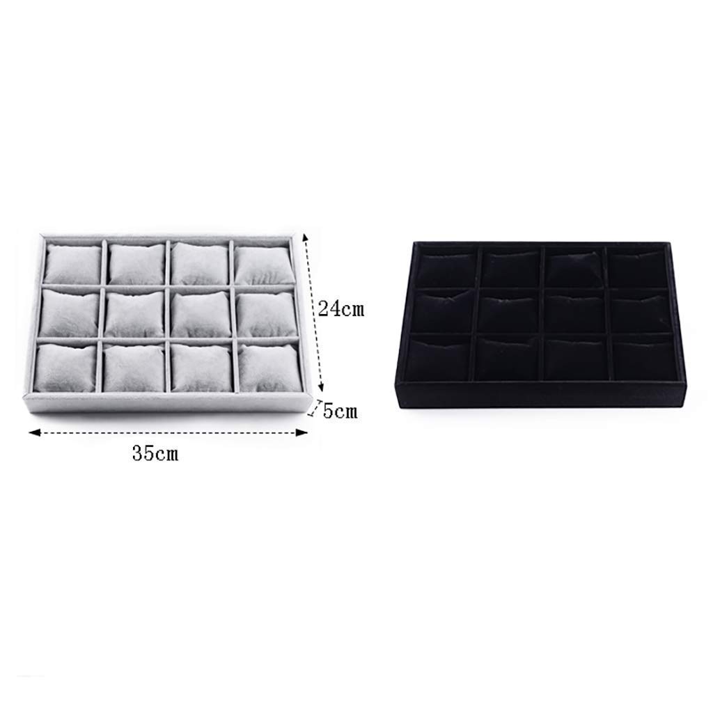 MUSUMI 12 Grid Watch Jewelry Tray Showcase Box Storage Case Organizer Collana Bracciale con Supporto per Cuscini (Nero)