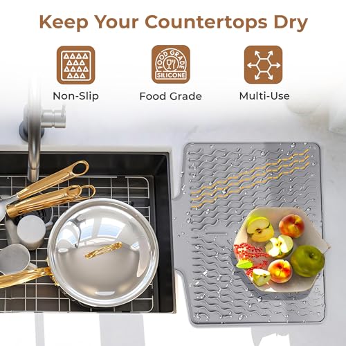 Image of HomeEssentials 3 Pcs Silicone Dish Drying Mat for Kitchen Counter, Non-Slip Heat Resistant Drainer Pad, Soap & Sponge Draining Mat for Sink, Quick-Dry Silicone Drying Pad for Countertop (Grey)