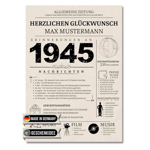 Vacentures Personalizável aniversário 80 anos - ano 1945 - presente para homem ou mulher - lembranças jornal retro - cartaz premium impressão imagem