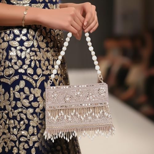 Image of Nevis PU Silk Fabric Women's Embellished bride Clutch with Pearl Handle | Fancy Designe & Wedding Potli Bag for Festive & Evening