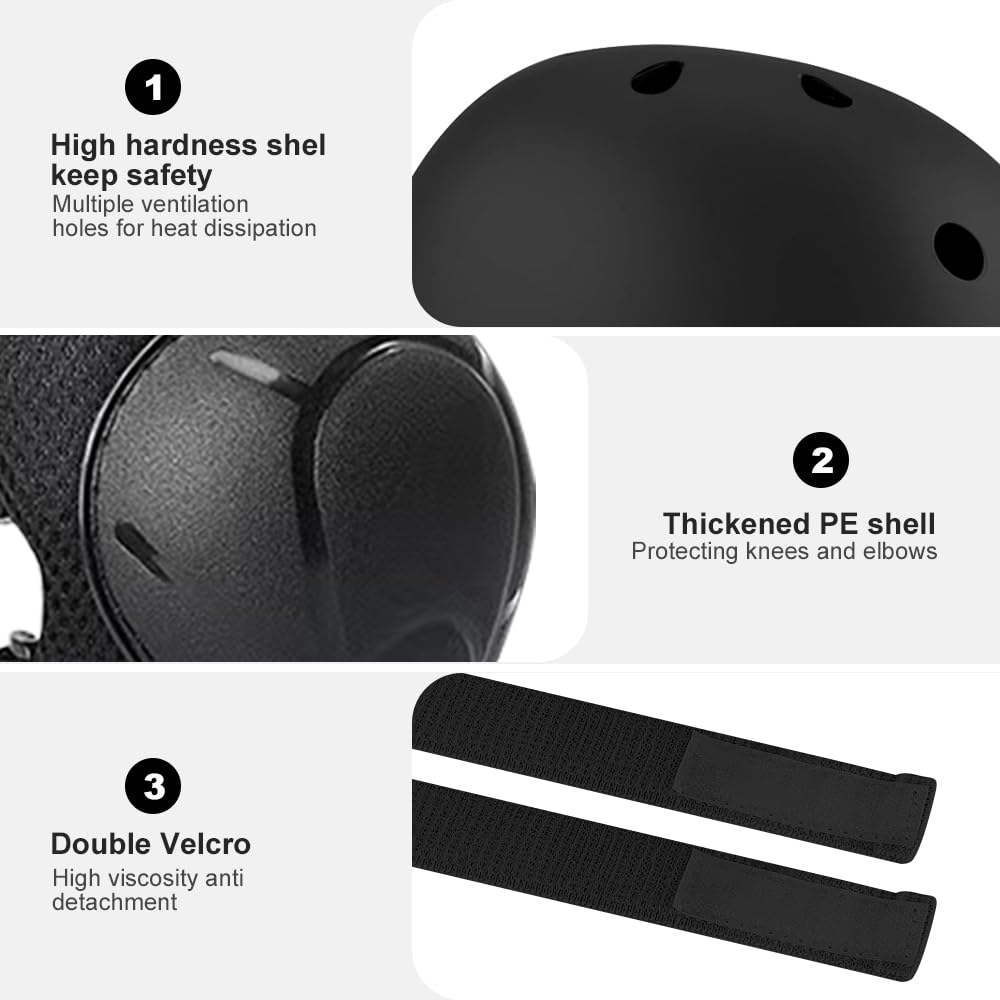 Set di Casco Protezione Bambini, 5 in 1 Casco Bici Protezioni Set per 3-11 Anni Regolabile Polso Ginocchiere Protezione per Skateboard Hoverboard Pattini in Linea(Nero)
