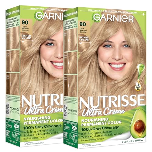 Garnier Nutrisse Ultra Crème Hair Color, Permanent Hair Dye with 100% Gray Coverage, Vegan & Cruelty-Free, 90 Light Natural Blonde (Macadamia), 2 Count