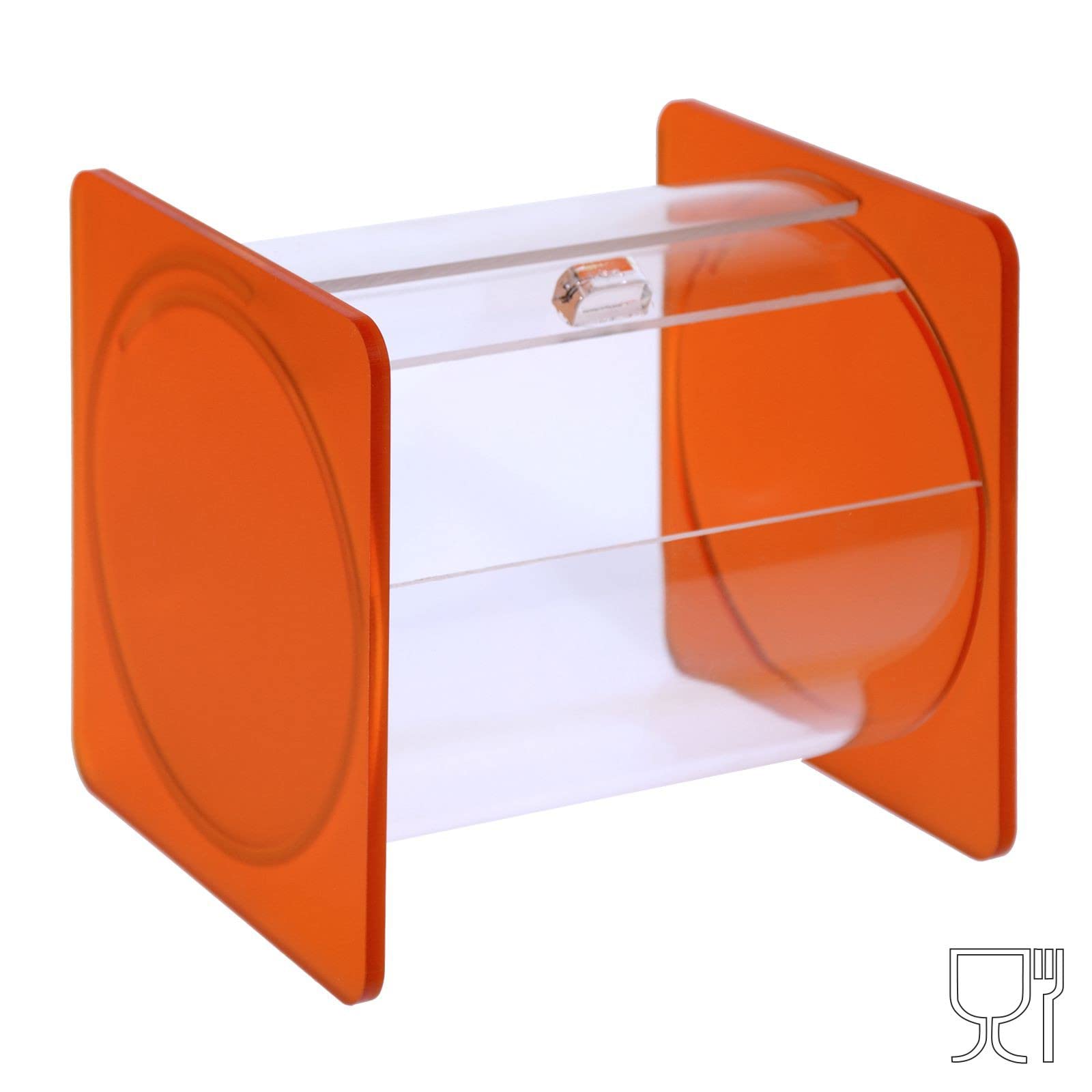 Portacaramelle confezionate sezione circolare in plexiglass trasparente e con pannelli laterali in plexiglass satinato Arancione - Misure totali: L 15 x P 14 x H 14 cm
