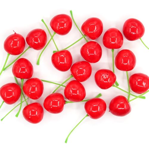 Duodoyi 20Pcs Artificial Faux Fruit Red Cherries | Lifelike Foam, Party Decor, Home Themed Tabletop Decor, Photography Props, Simulation Display Model