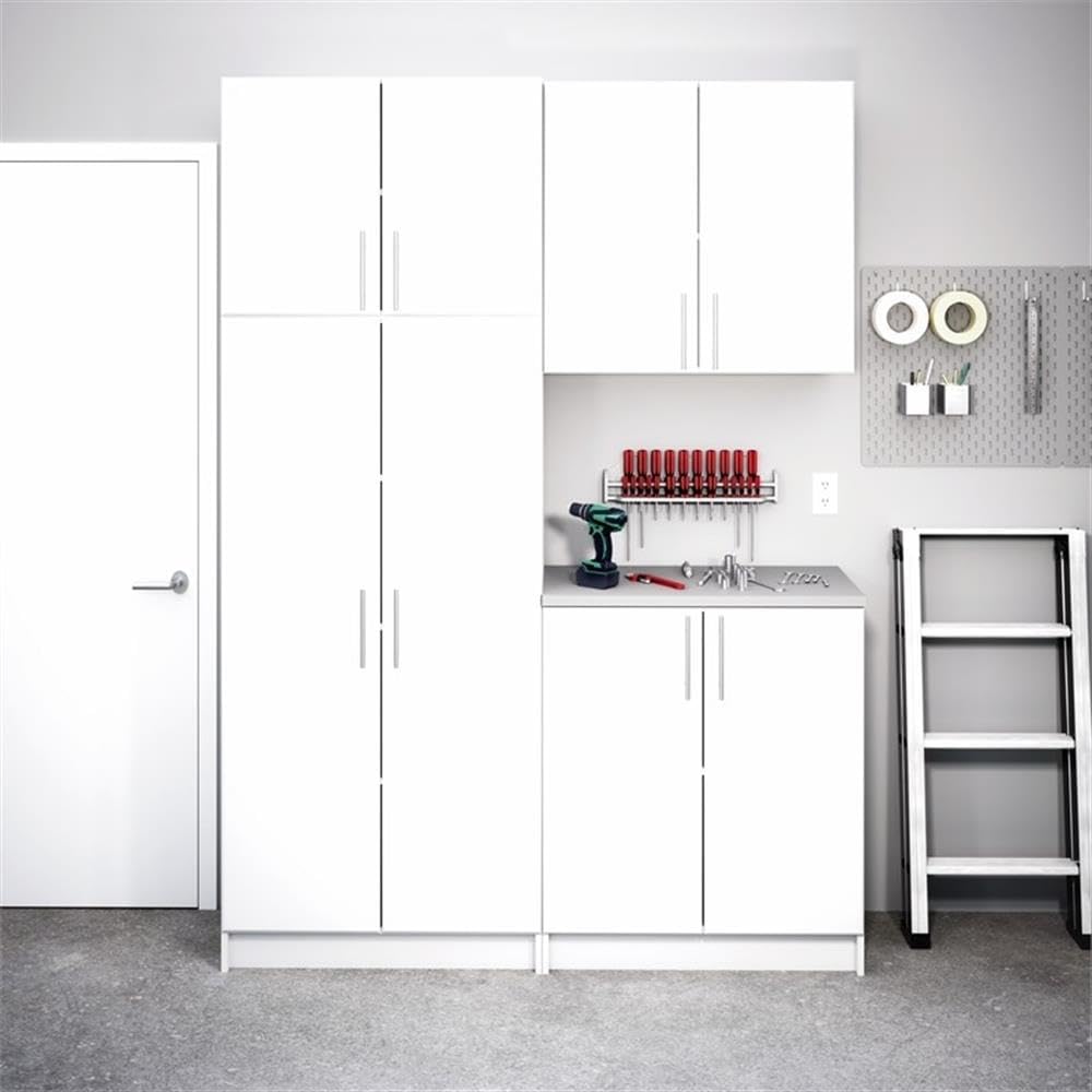Pemberly Row White Engineered Wood Base Cabinet, 32" W x 35.75" H x 18" D, Grey Melamine Countertop, Adjustable Shelf, Brushed Metal Handles, MDF Doors, Laundry Room, Workshop, or Garage Storage