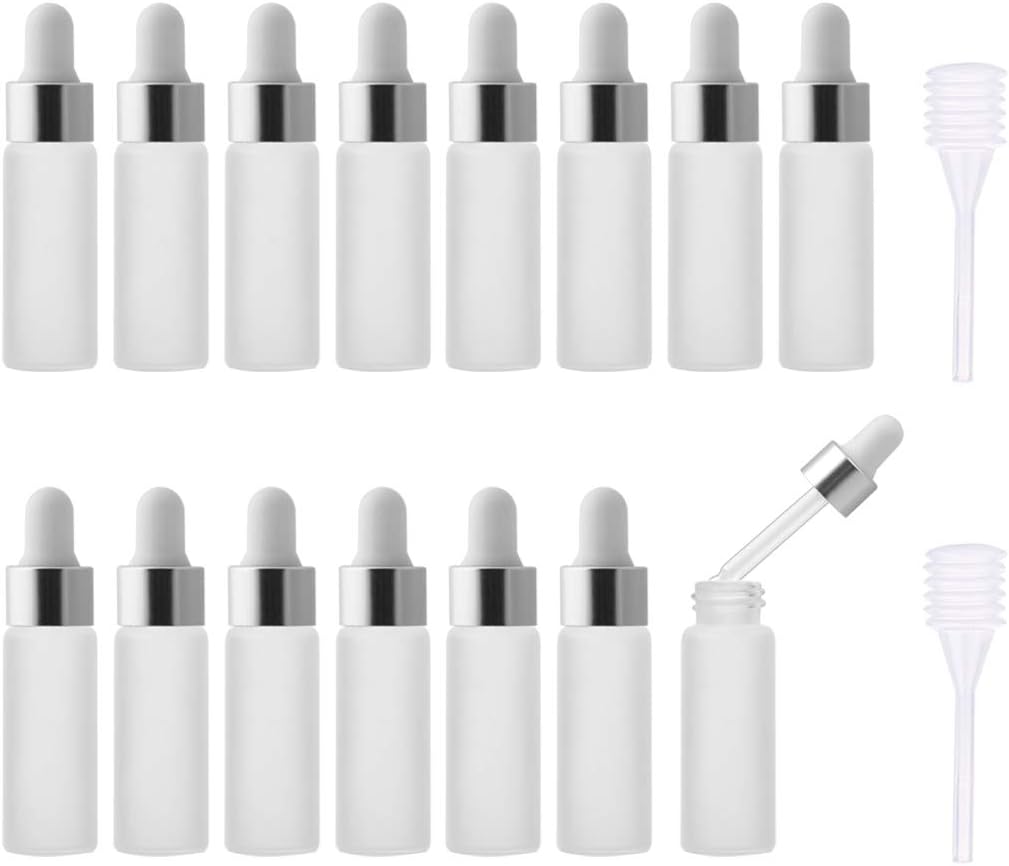Enslz 15pcs 5ml Mini Empty Frosted Essential Oil Glass Dropper bottle Reusable Bottles Vial Nasal Oil dropper refillable bottle with Metal Screw Mouth lid&rubber Bulb (5ml, Silver)