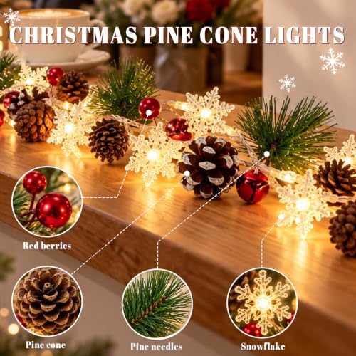 10Ft Christmas Garland with Lights, 30 LED String Lights Warm White with Pinecone & Red Berries, 2 Lighting Modes Battery Operated, Christmas Decor for Fireplace, Mantle, Stairs, Tree (1pcs) by Asaint - Used condition - Image 5
