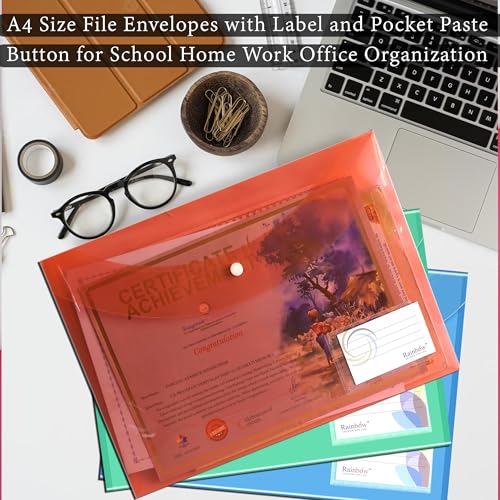Image of Shuban Document File Folders with Snap Button Closure, Waterproof Plastic Envelope Pouches for Letter /A4 Size Paper, Assorted Transparent Colors (Style-4-Plain Transparent Folder-4Pcs-Mix Color)