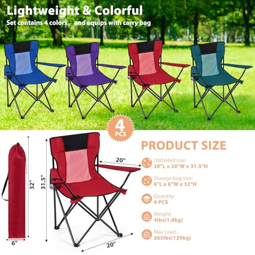 Shellwei 4-Pack Portable Folding Camping Chairs with Cup Holder & Carry Bag, Ideal for Beach, Picnic, Fishing, and Lawn Use (Multicolor) - Image 2