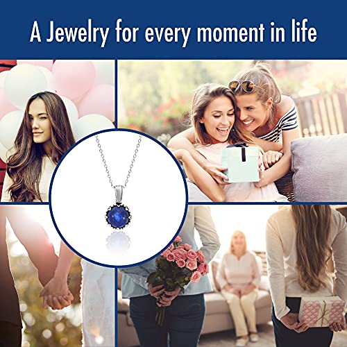 925 Sterling Silver Pendant Necklace For Women With Lapis Lazuli Gemstone - September Birthstone 8Mm Round Cut - Vintage Handmade Crown Style Silver Mount On A Silver Cable Chain - Cute Trendy Jewels #TOP5