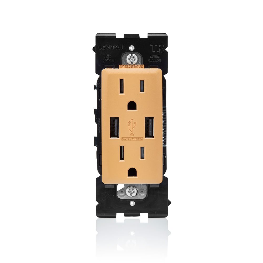 Leviton Renu USB Charger/Tamper-Resistant Duplex Outlet, 15A-125VAC, RUAA1-CA, CafÃ Latte