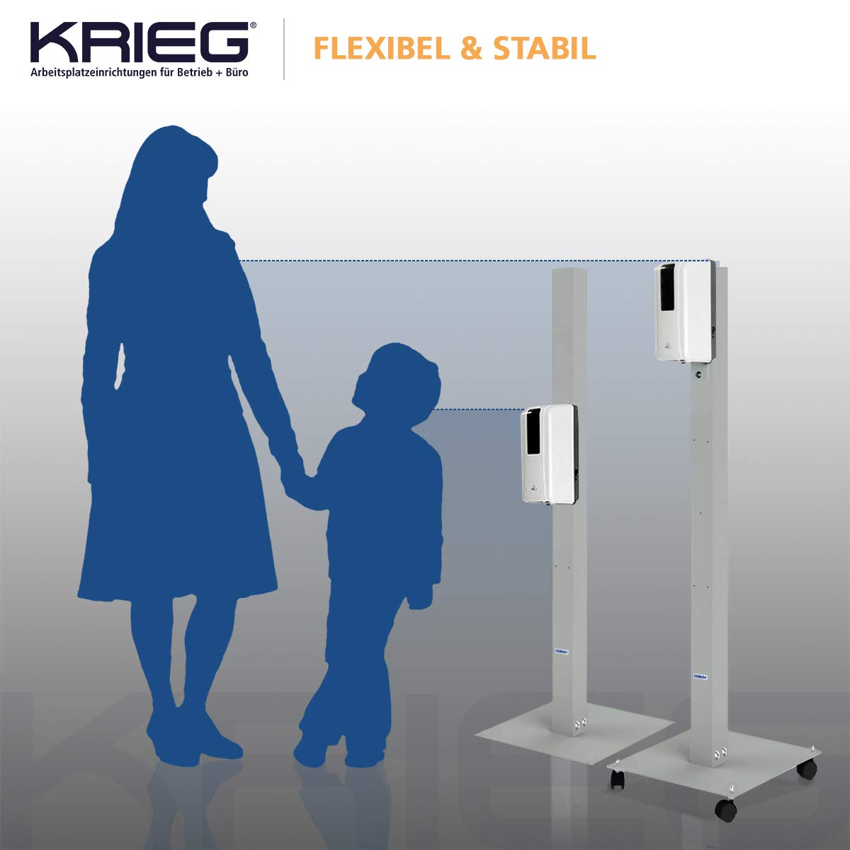 KRIEG Desinfektionsmittelständer mit Sensor I Silber I Kontaktlos Hygienestation 1000 ml - 333 Sprühstöße I Desinfektionsstation freistehend, höhenverstellbar, touchless I Hygienesäule Ready to go