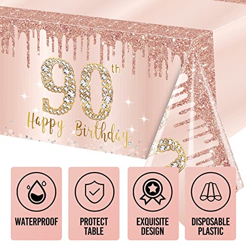 3 Pcs 90th Birthday Tablecloth Decorations for Women, Pink Rose Gold Happy 90 Bday Theme Table Cover Party Supplies, Ninety Year Old Birthday Plastic Disposable Rectangular Table Cloth Decor by Excelloon - Image 3