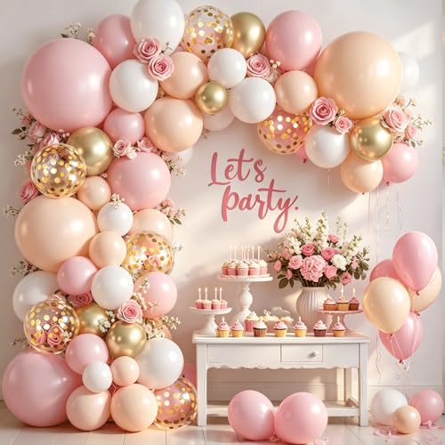 Pink and Gold Balloon Arch Kit 139 Pcs Light pink and White Balloons Nude and Gold Confetti Balloons for Girl Women Princess Birthday Wedding Party Decorations