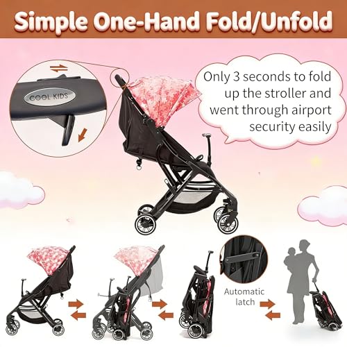 Image of Cool Kids Lightweight Travel Stroller, Auto Fold Reversible Buggy Pink | Looking for a reversible toddler stroller? Drag this pink auto-fold buggy like rolling luggage through airport security.