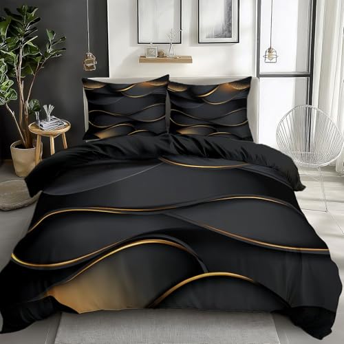 Parures de Lit 3 pièces Sets Géométrique Noir et Or Double Face Housse de Couette 140 x 200 cm et 2 Taies d’Oreillers 65x65cm Literie Polycoton Durable...