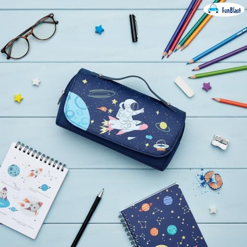 Image of FunBlast Multi-Purpose Pouch - Double Compartment Large Capacity Pouch - Happy Planet Zipper Pencil Case for Kids, Pencil Box for Kids, Stationary Pouch for Students School Supplies (Blue)