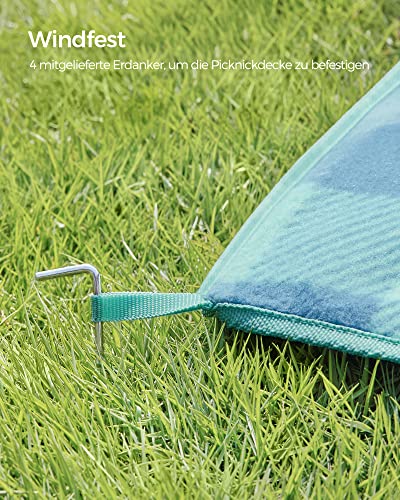 SONGMICS Picknickdecke, 200 x 200 cm, mit 4 Erdankern, groß, Campingdecke, für Park, Garten, Strand, wasserdicht, faltbar, grün-blau GCM011Q02