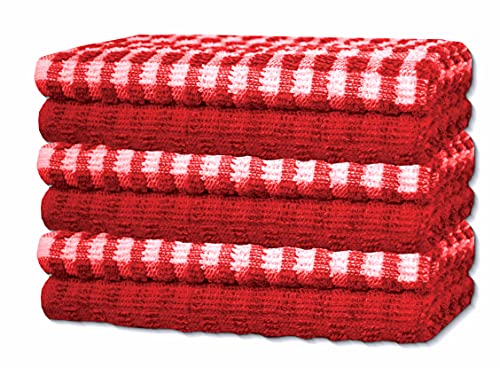 Bargain Hunt Mono Check Terry Cotton Tea Towels Kitchen Hand Towels Linen Set of 6 (Red)