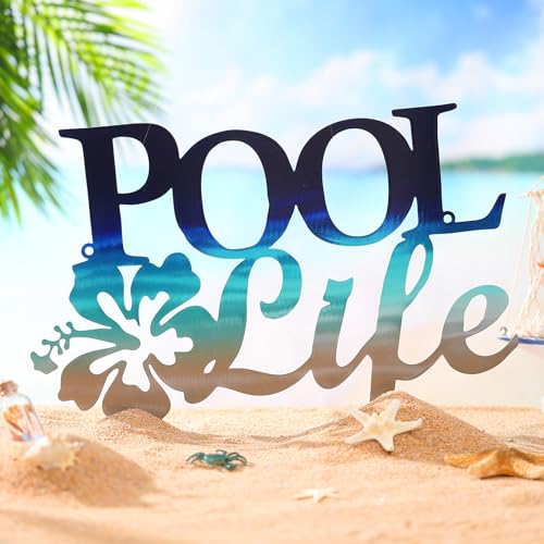 Tandefio Pool Life Metal Wall Art Decor Hibiscus Flower Coastal Metal Wall Art Tropical Outdoor Decor Swimming Pool Sign for Summer Beach Patio Living Room Bathroom Boat Decorations (Blue Gradient)