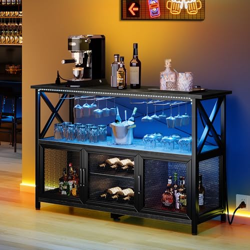 YITAHOME Industrial Wine Bar Cabinet with RGB LED Lights Power Outlets, 47" Rustic Home Bar Table with Wine Rack Storage Goblet Stand Liquor Cabinet Bar for Living Room Kitchen Dining Room R