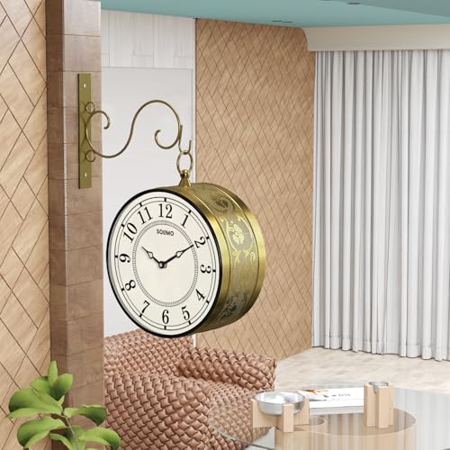 Image of Amazon Brand - Solimo 8 Inch Vintage Station Analog Clock One Side Roman and Other Side Numeral Dial (Brass Finish) (Type-3)