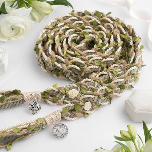 Handmade Celtic Wedding Handfasting Cord - Sage Green Braided Ceremony Rope - Double Electroplated Pendants - Heirloom Keepsake in Gift Box