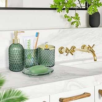 Bathroom Accessories Set, 4Pcs Sage Green Glass Bathroom Accessory Set Complete w/Lotion Soap Dispenser, Toothbrush Holder, Qtip Holder, Soap Dish, Gold Bathroom Decor Sets, Gift for Home Apartment