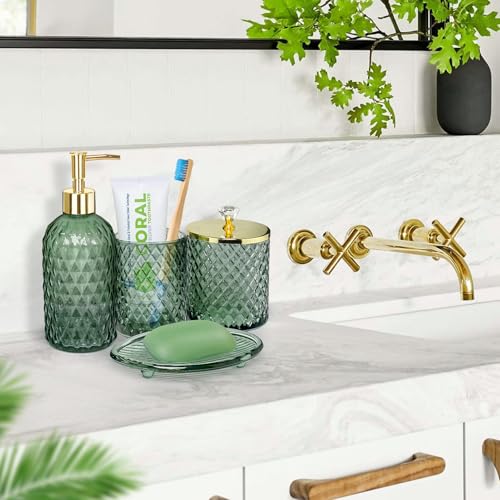 Bathroom Accessories Set, 4Pcs Sage Green Glass Bathroom Accessory Set Complete w/Lotion Soap Dispenser, Toothbrush Holder, Qtip Holder, Soap Dish, Gold Bathroom Decor Sets, Gift for Home Apartment