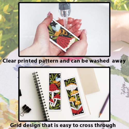 Image of ACRNIGHEET 6PCS Cross Stitch Bookmark Kit for Beginner Stamped Cross Stitch Kits for Adults Mushroom DIY Tassel Embroidery Bookmark Kits Needlepoint Kit with Instructions Craft Gift 8.5''x3'' 11CT