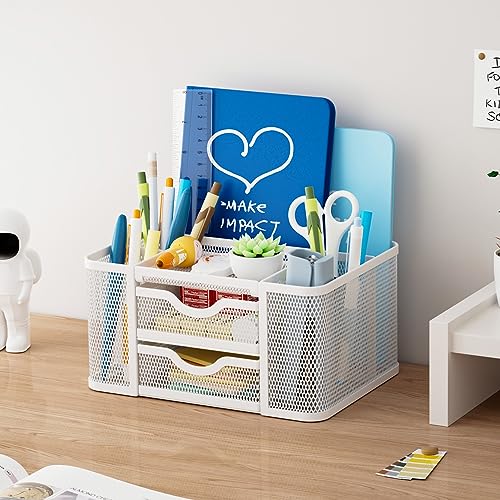 Marbrasse Mesh Desk Organiser,Pen Organiser with 2 Drawer,Multi-Functional Pencil Holder for Accessories with 5 Compartments + Drawer for Home Office Supplies(White) - Image 4
