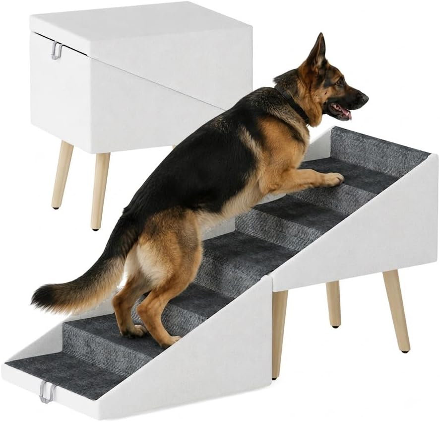 2-in-1 Foldable Ottoman Dog Ramp for Bed and Couch, 23.6" H Split Ottoman Dog Stairs with Solid Wood Legs & Non-Slip Carpet, Joint Relief Pet Steps for Small Medium Large Dogs Cats (Beige)