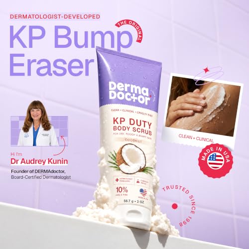 Image of DERMAdoctor KP Bump Eraser Coconut Body Scrub with 10% AHAs + PHAs for Keratosis Pilaris, Dry, Rough & Bumpy Skin, Dermatologist Formulated Exfoliating Scrub with Glycolic and Lactic acids - 2 fl oz