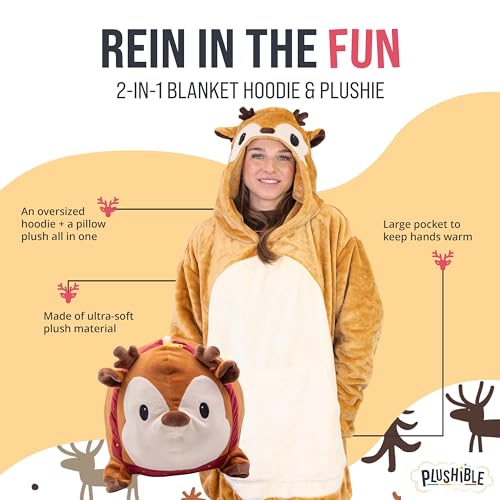 Image of Wearable Blanket Hoodie, 2-in-1 Oversized Hoodie Blanket Pillow, Long Sleeve Sweatshirt Pocket, Cozy Gift for Men and Women - Reindeer