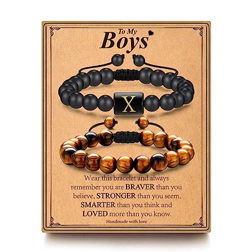 MONOZO Gifts for Teenage Boys, Bracelet Gifts for Teen Boys 8mm Tiger Eye & Black Agate Initial X Beaded Bracelets Gifts for Him Christmas Graduation Fathers Day Birthday Gifts for Boys Teenage Boys