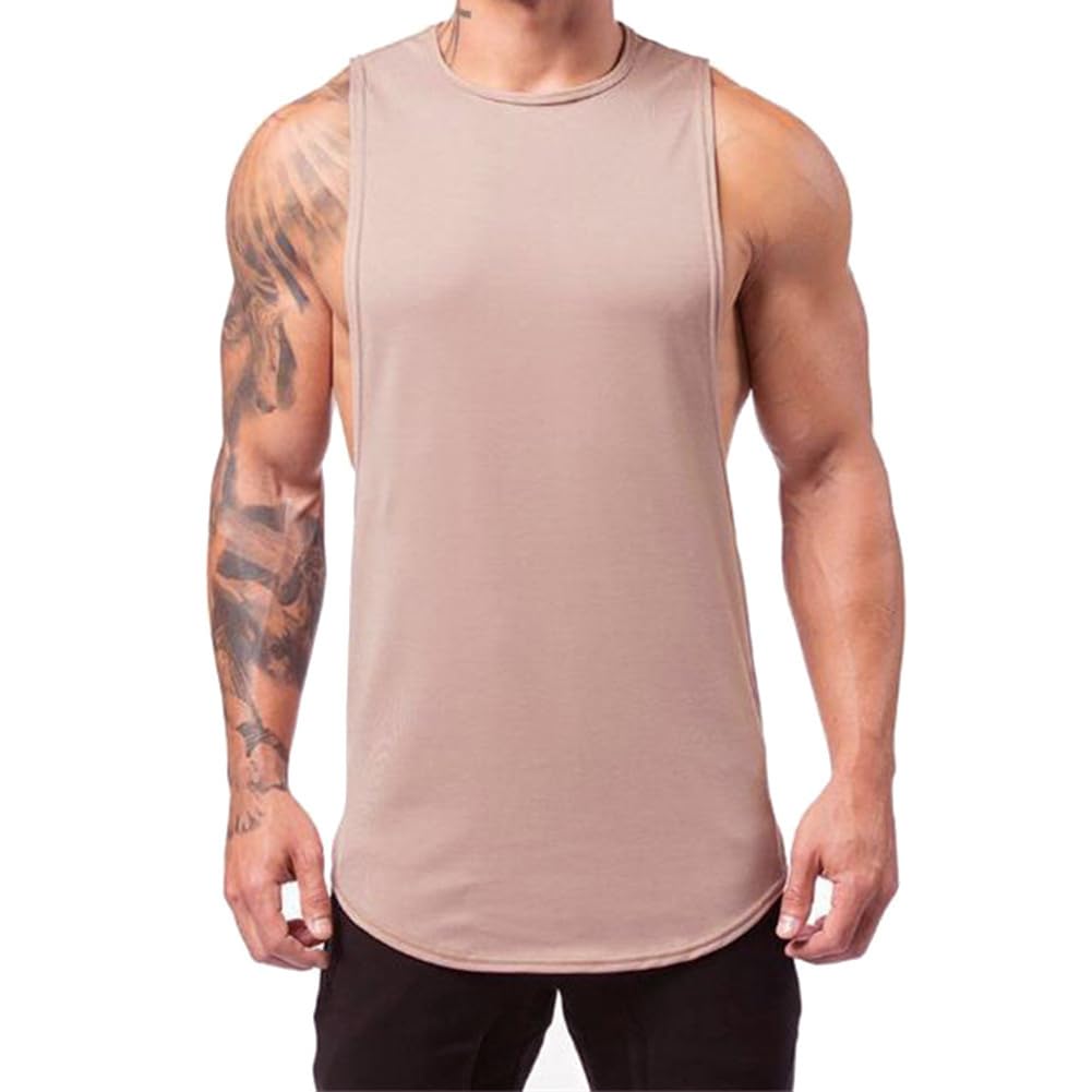 Simiduneur Men's Lightpink Workout Bodybuilding Drop Arm Tank Tops Athletic Training Gym Fitness Shirts Vest Cotton Cut Off Sleeveless Muscle T-Shirt,,M