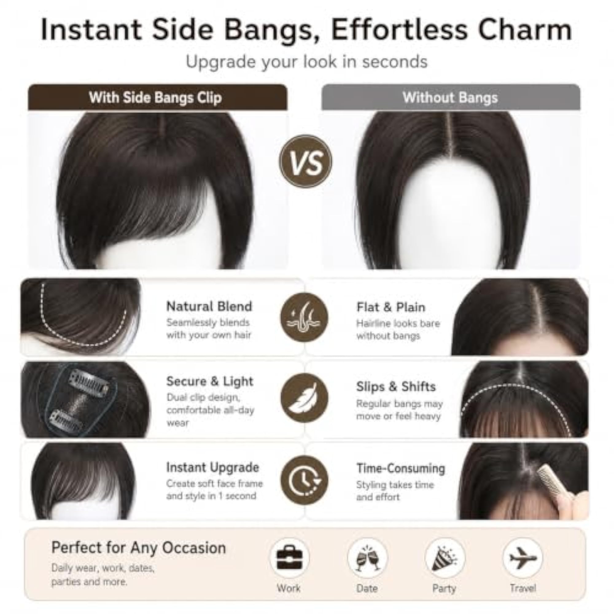 1-Piece Hair Topper for Women, Side Swept Bangs