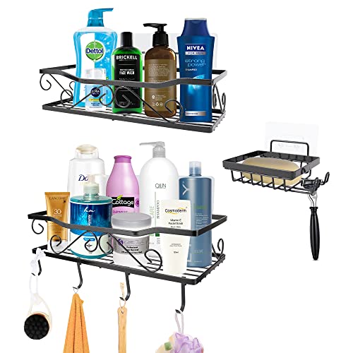 Hivia 3 Piezas Estanteria Baño Sin Taladro,Estantes Cesta para Ducha con 1 Jabonera,4 Ganchos y 3 Adhesivos Sin Rastro,Estante Organizador de Ducha Cocina Sin Taladrar Cover