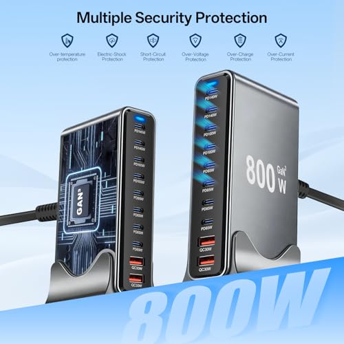 800 W Chargeur USB C Multiple, Station de Charge PD 140 W 100 W 65 W, Chargeur Rapide à 10 Ports Chargeur GaN-III Compatible avec MacBook, iPad, iPhone séries 16/15/14, Galaxy S22/ S20,Dell, HP – vue 6