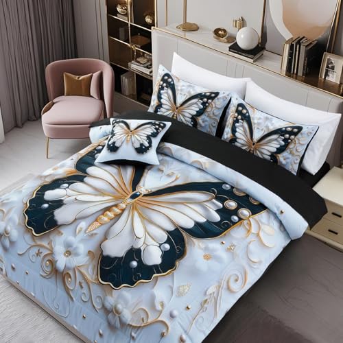 Image of A Nice Night 6pcs Bed in A Bag Black and Glod Dreamy 3D Butterfly Pearl Flower Design, Butterflies Printed Bedding Twin Comforter Set, for Girls Kids Teens