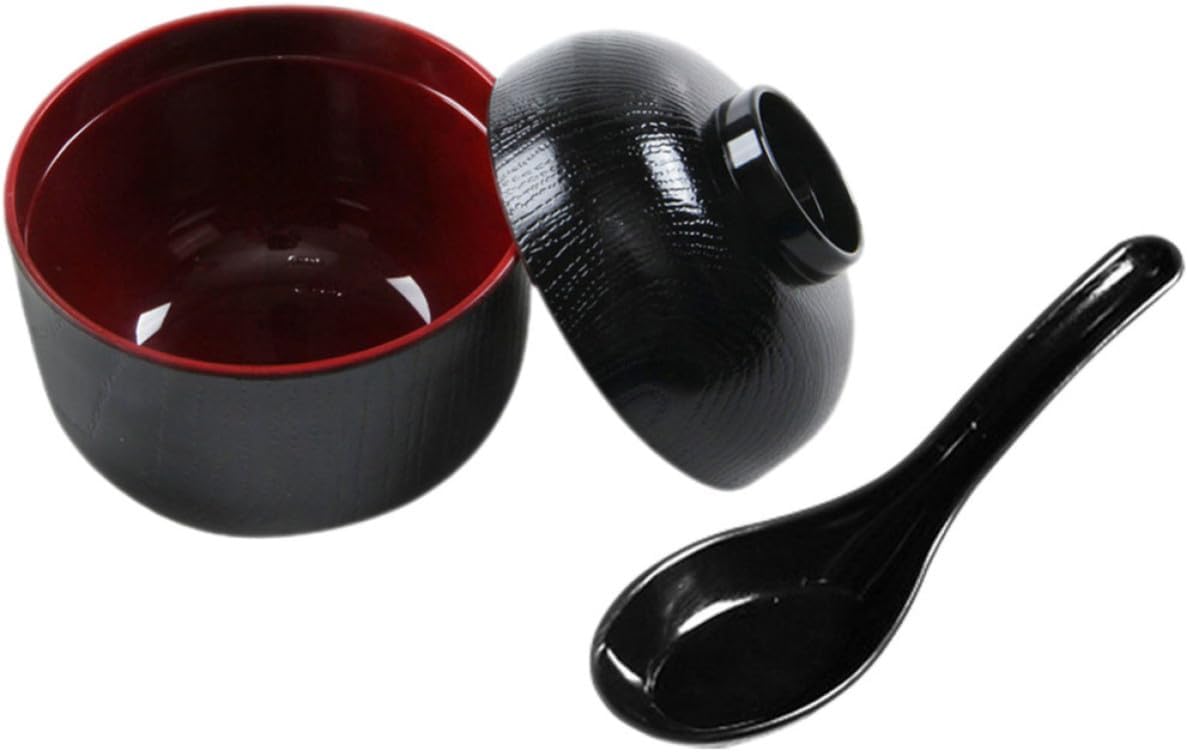 ULTECHNOVO Miso Soup Bowl Melamine Japanese Style, Black with Lid and Spoon
