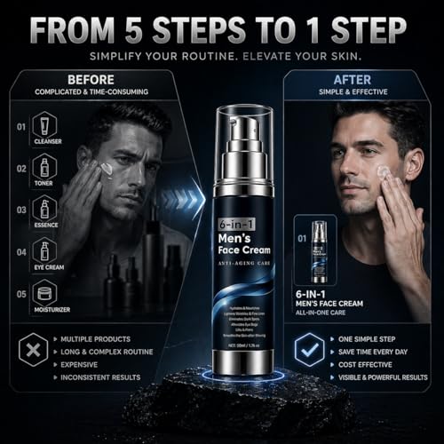 WAESKI 6-in-1 Face Cream for Men, Anti-Aging Moisturizer with Collagen, Hyaluronic Acid and Shea Butter, Reduces Wrinkles, Dark Circles and Puffiness, Men's Formula Daily Care 1.76 fl oz (1)