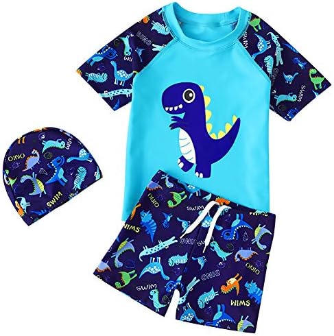 YAGATA Toddler Swimsuit Boy Cute Dinosaur Swimsuit 6 Year Old Boys Swim Trunks &Boys Swim Shirt Boys Swim Set Blue 6-7Y