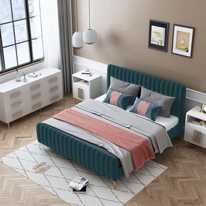 Image of Wakeup India Trevinox Queen Size Bed 78x60 Inch | Suede Fabric Bed | Bedroom Furniture | Premium Upholstery Bed | No Storage | 1 Year Warranty