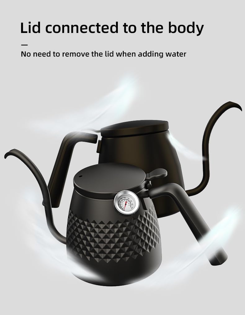 CAFECITO Pour Over Coffee Kettle with Thermometer – 20oz Gooseneck Kettle | 304 Stainless Steel | Built-In Temp Gauge | Black | Small Drip Kettle
