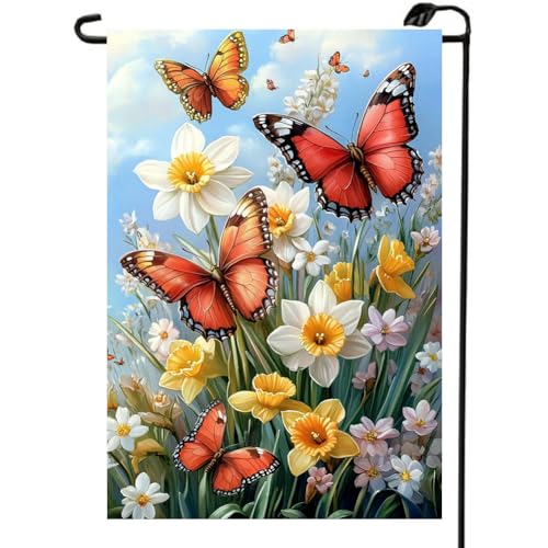 Spring Summer Garden Flag 12x18 Double Sided, Small Burlap Outdoor Butterfly Flowers Yard Lawn Porch Flags Spring Summer Decorations for Outside